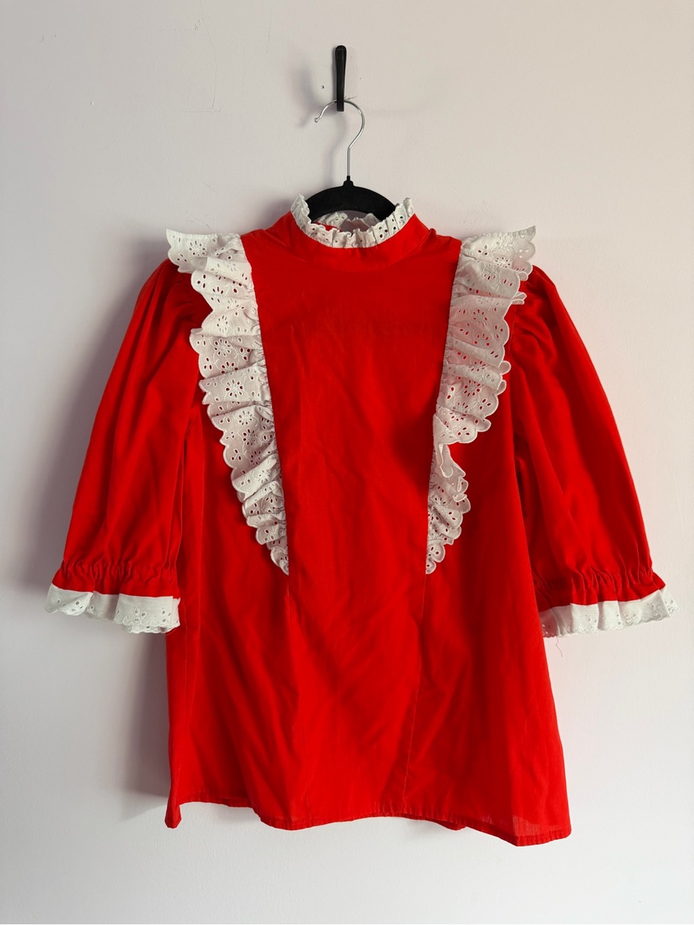 Vintage Handmade Cherry Red Prairie Blouse with White Eyelet Trim M/L